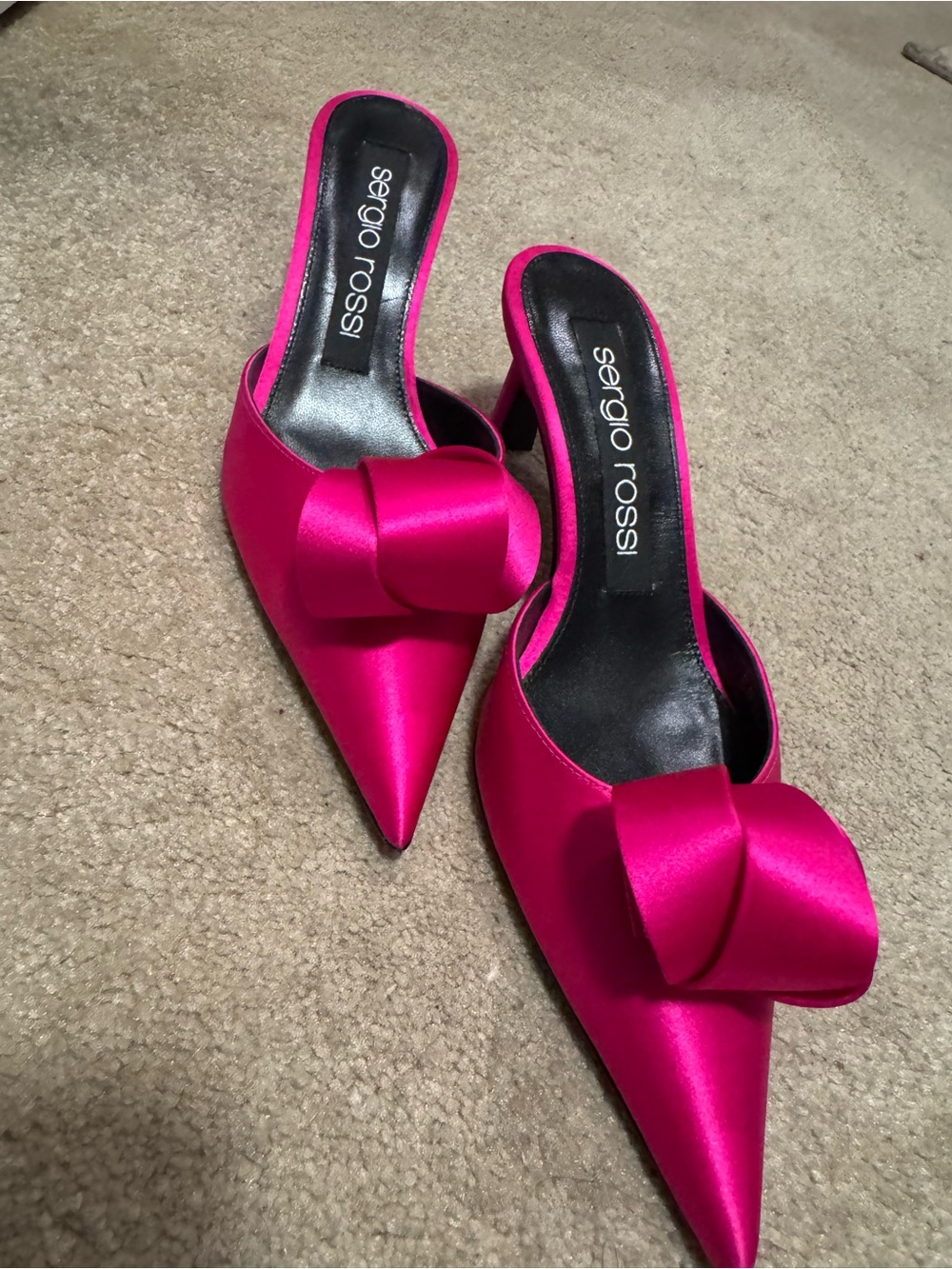 Sergio Rossi Fuchsia Satin Pointed-Toe Mule with Bow Accent